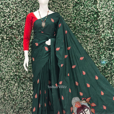 Dark Green Leaf Motif Pure Silk Hand Embroidered Saree