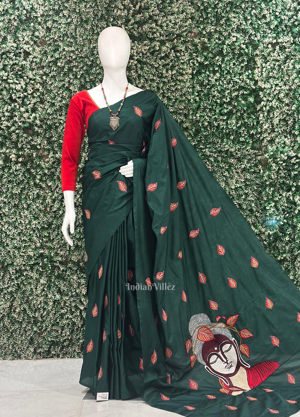 Dark Green Leaf Motif Pure Silk Hand Embroidered Saree