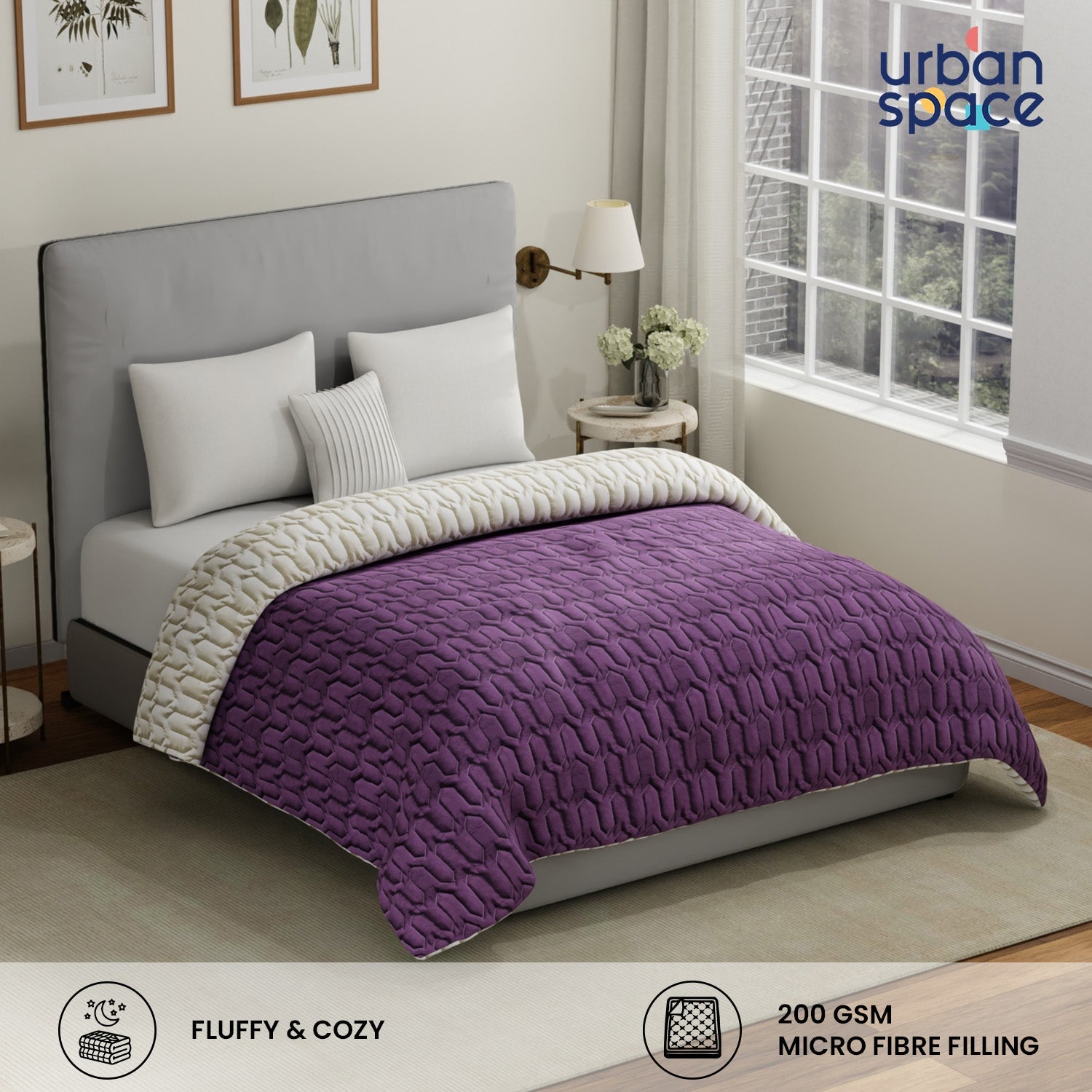 Fluffy & Heavy 200 GSM Microfiber Reversible Quilted Winter Comforters - Plum & Pearl