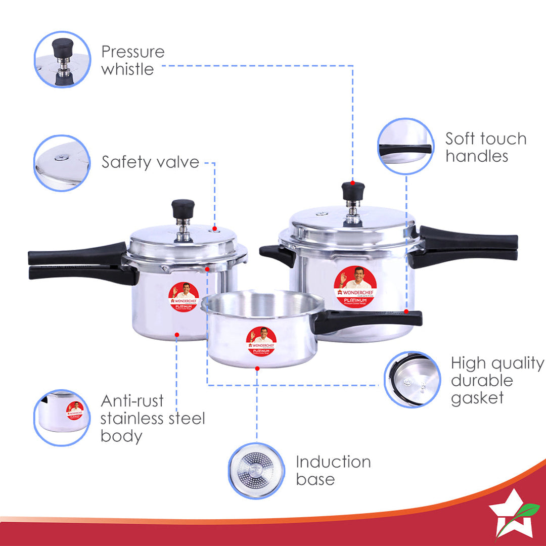 Platinum (2L, 3L & 5L) Pressure Cooker Combo Set,