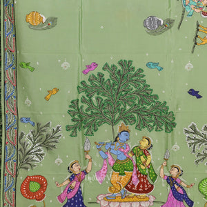 Pista Green Krishna Rasa Leela Hand-Painted Pattachitra Saree (Pre Order)