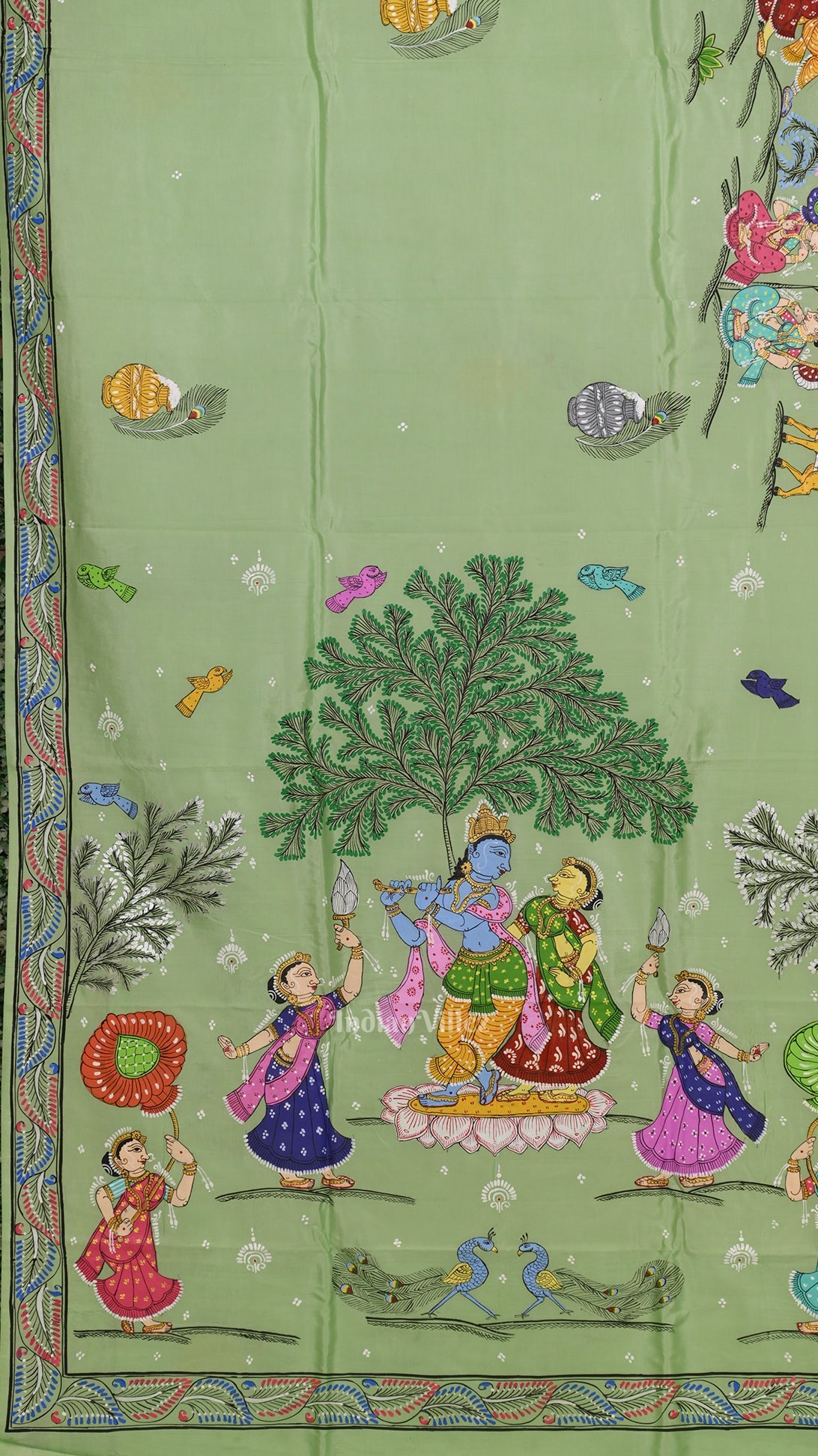 Pista Green Krishna Rasa Leela Hand-Painted Pattachitra Saree (Pre Order)