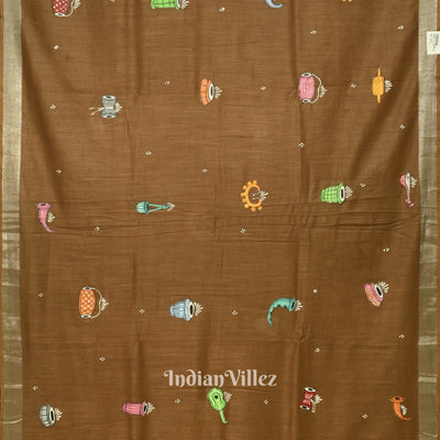 Caramel Musical Theme Hand-Painted Pattachitra Saree