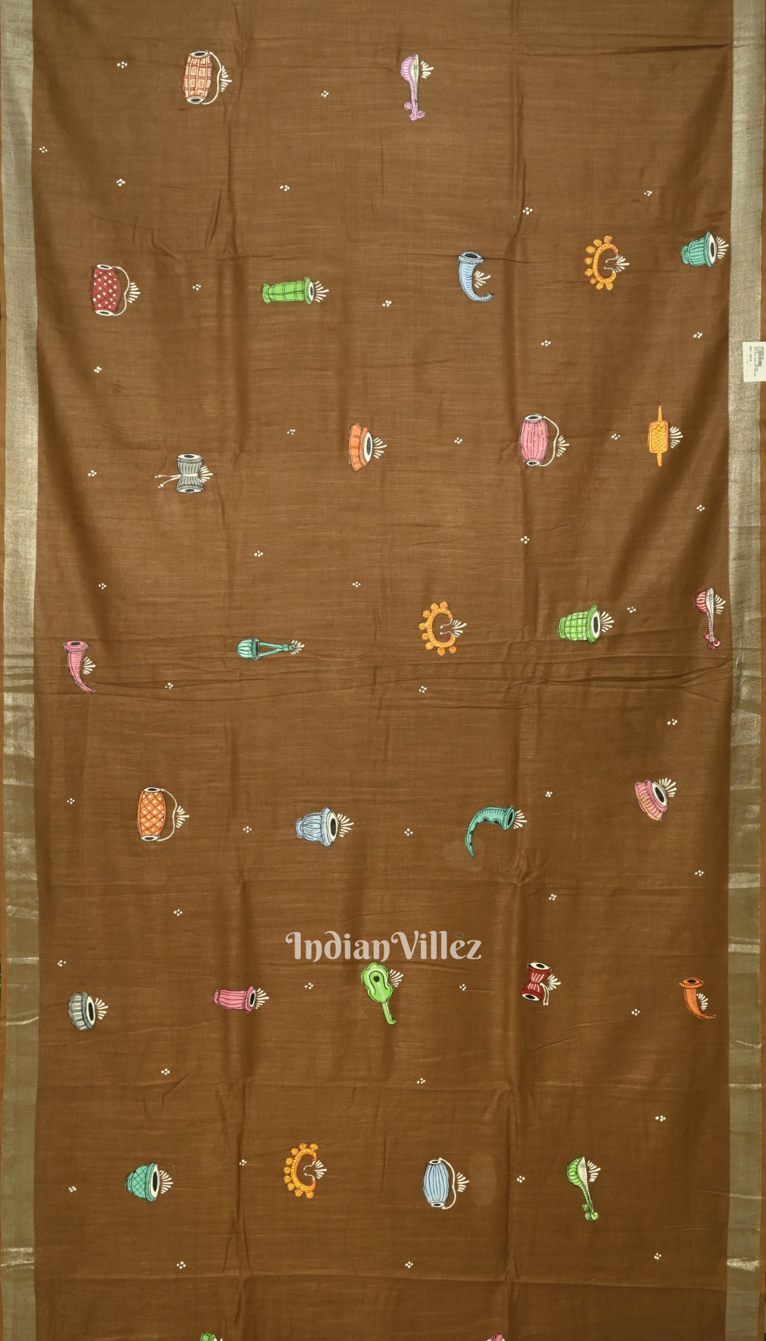 Caramel Musical Theme Hand-Painted Pattachitra Saree