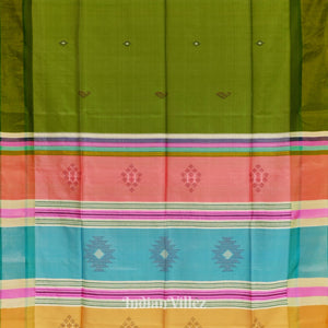 Parrot Green with Multicolor Pure Bishnupuri  Double Pallu Silk Saree