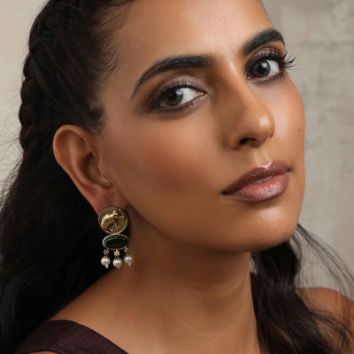 trueBrowns Gold Elephant Embossed Dangle Earrings