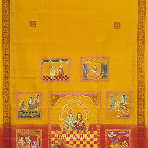 Yellow Ramayan Theme Hand-Painted Pattachitra Saree