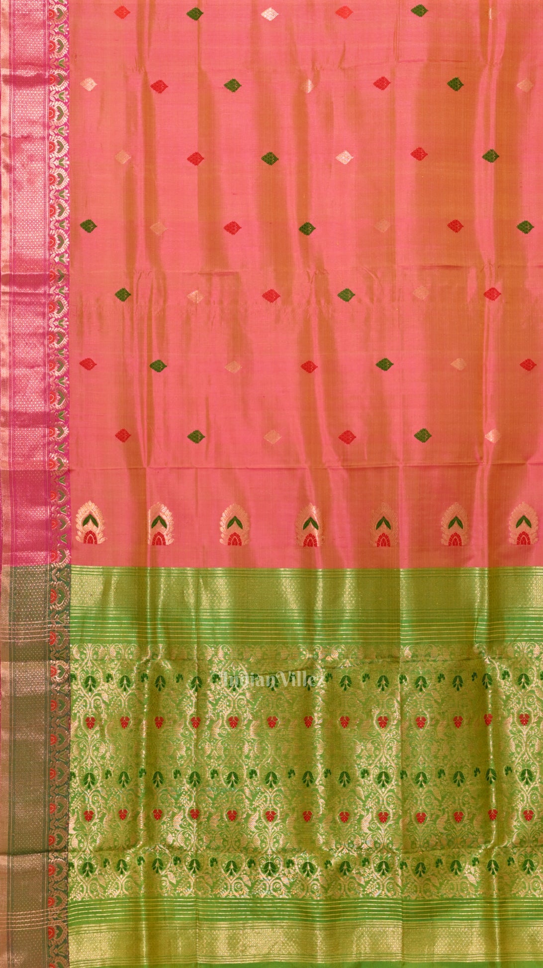 Pink Green Dual Tone Handwoven Baluchari Silk Saree