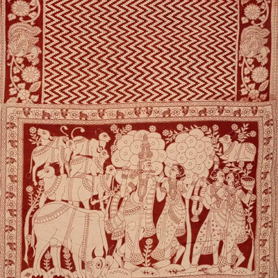 Taupe Cotton Saree With Crimson Kalamkari Print