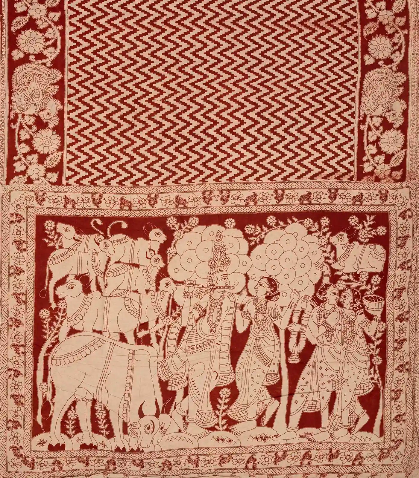 Taupe Cotton Saree With Crimson Kalamkari Print
