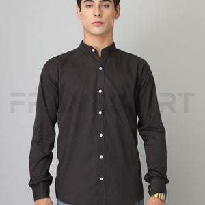 Frankshirt Chinese Collar Black Solid Tailored Fit Cotton Casual Shirt for Man