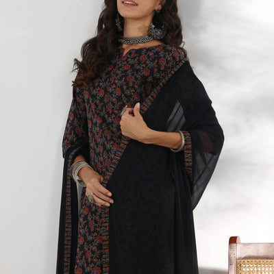 Black Printed Cotton Straight Suit With Dupatta
