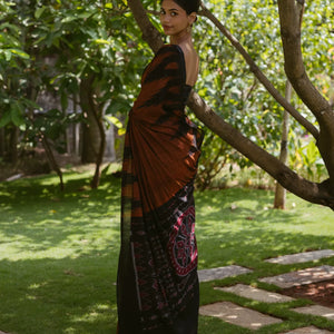 Rust Handloom Orissa Cotton Saree With Black Temple border