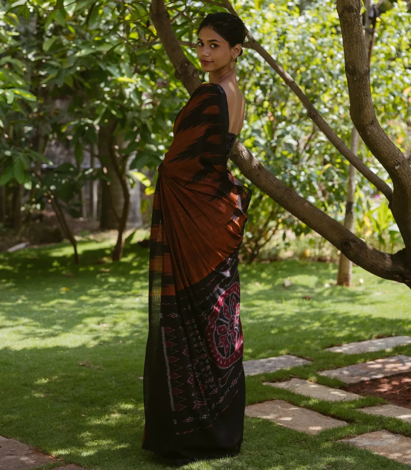 Rust Handloom Orissa Cotton Saree With Black Temple border