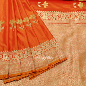 Bridal Orange Yellow Soft Pure Mashru Satin Silk Banarasi Saree
