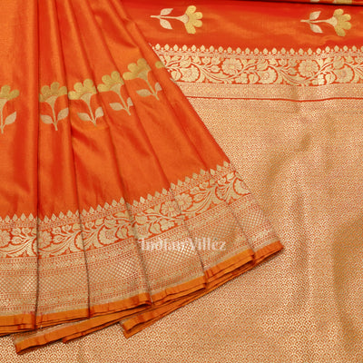Bridal Orange Yellow Soft Pure Mashru Satin Silk Banarasi Saree