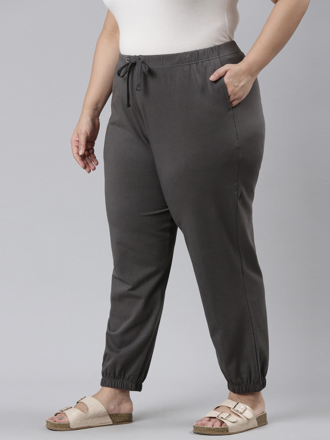 Women Solid Silver Grey Mid Rise Cotton Casual Joggers