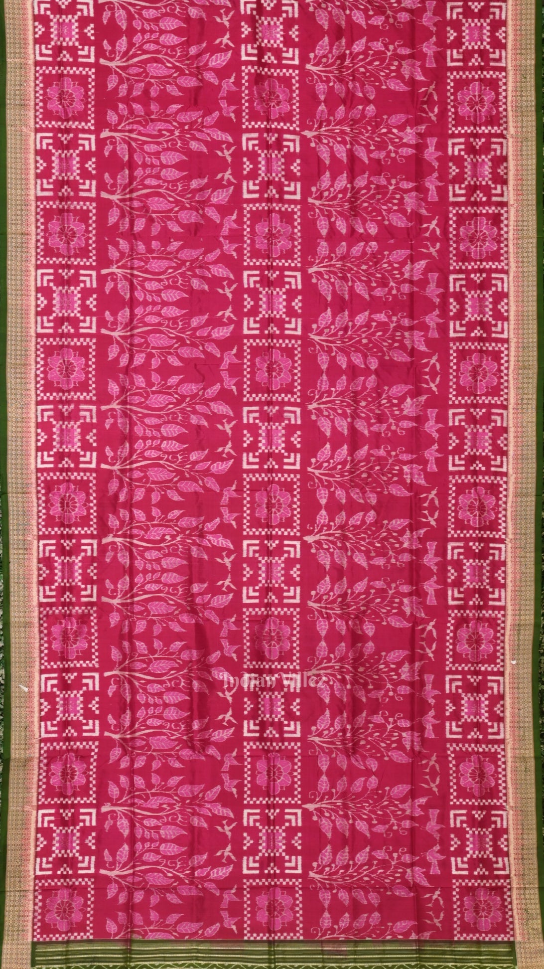Magenta Pink Mehendi Birds Tree Sambalpuri Silk Saree