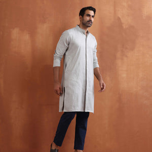 trueBrowns Men's Grey Chanderi Front Open Kurta