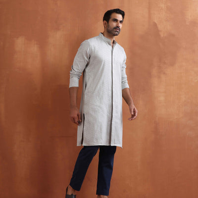 trueBrowns Men's Grey Chanderi Front Open Kurta