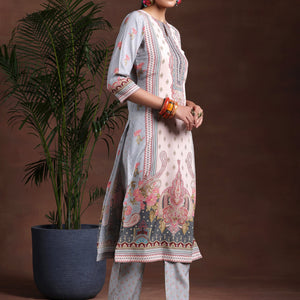 Grey Printed Poly Crepe Straight Suit With Dupatta