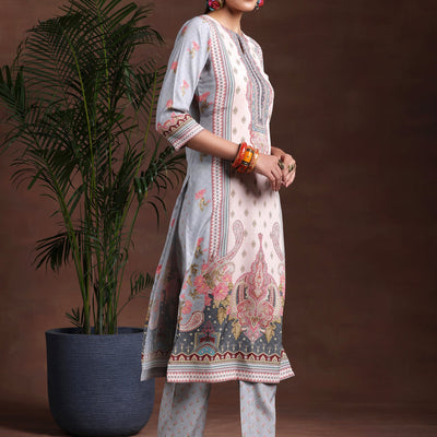 Grey Printed Poly Crepe Straight Suit With Dupatta