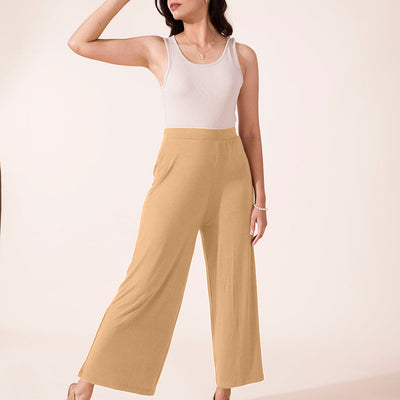 Women Solid Wheat Viscose Mid Rise Knit Palazzos