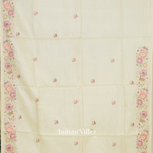 White Tussar Floral Motif Hand Embroidered Saree