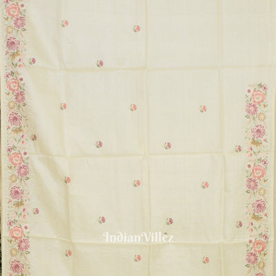 White Tussar Floral Motif Hand Embroidered Saree
