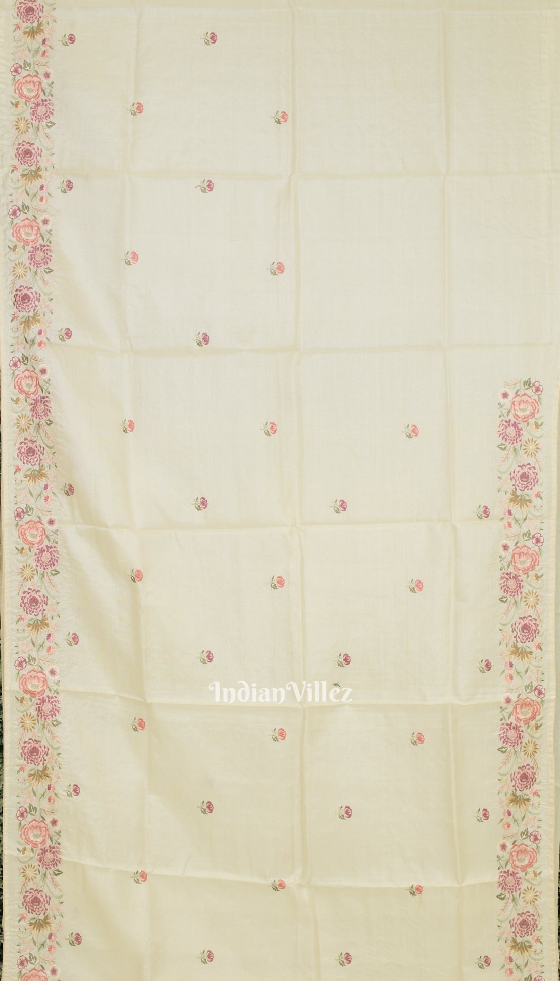 White Tussar Floral Motif Hand Embroidered Saree