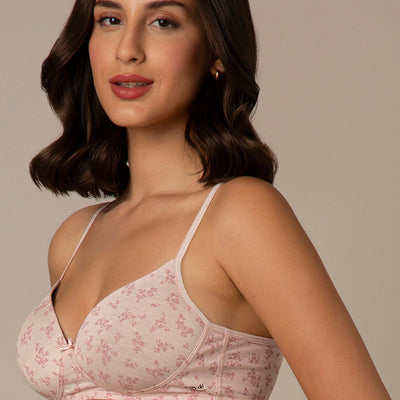 Simply Soft Padded Non-Wired Cotton Bra - Pink Floral Print