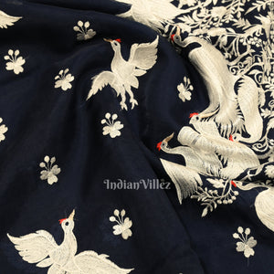 Navy Blue Parsi Gara Floral Motif Hand Embroidered Saree