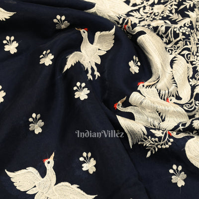 Navy Blue Parsi Gara Floral Motif Hand Embroidered Saree