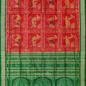 Red Green Animal Theme Sambalpuri Silk Saree