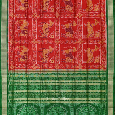 Red Green Animal Theme Sambalpuri Silk Saree