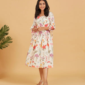 White Multicolour printed floral A-line Dress