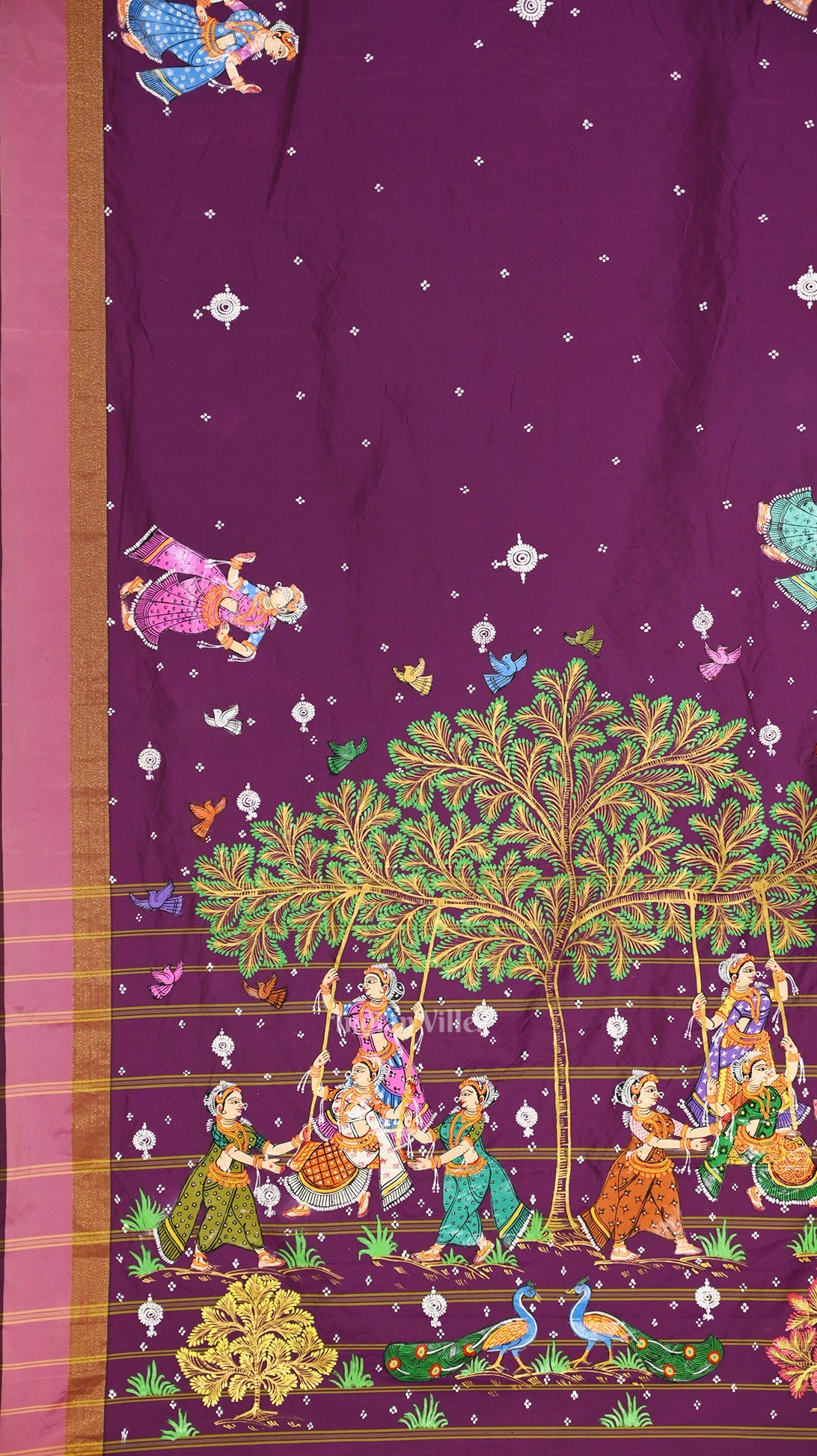 Magenta Pink Raja Doli Theme Hand-Painted Pattachitra Saree