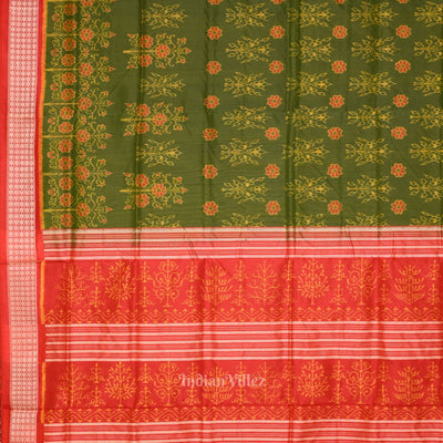 Mehendi Green Red Floral Motif Odisha Handloom Sambalpuri Silk Saree