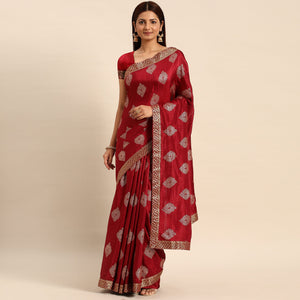Maroon Floral Foil Printed Vichitra Silk Saree