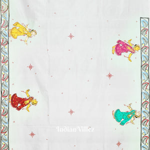 White Mathura Bijaya Theme Hand-Painted Pattachitra Saree