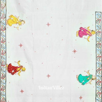 White Mathura Bijaya Theme Hand-Painted Pattachitra Saree
