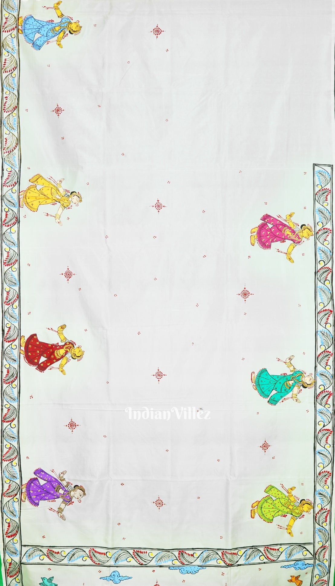 White Mathura Bijaya Theme Hand-Painted Pattachitra Saree