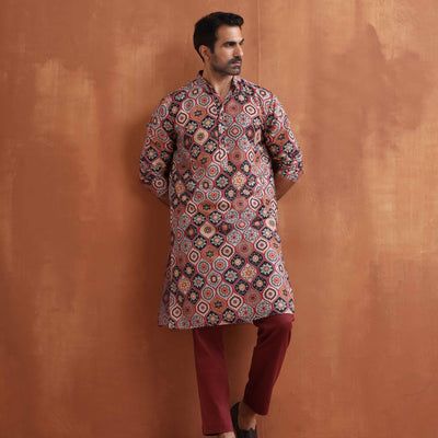 trueBrowns Men's Rust Geometric Printed Kurta