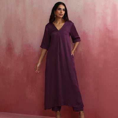 trueBrowns Purple Modal Pleated Kurta Set