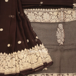 Deep Coffee Pure Khaddi Chiffon Banarasi Saree