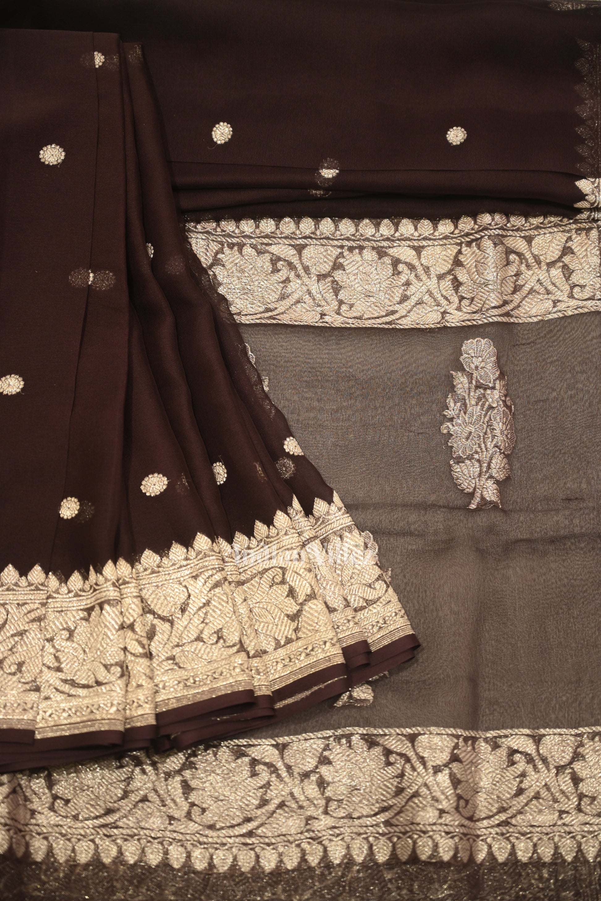 Deep Coffee Pure Khaddi Chiffon Banarasi Saree
