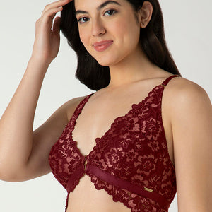 Femme Lace Padded Non-Wired Demi Bra - Biking Red
