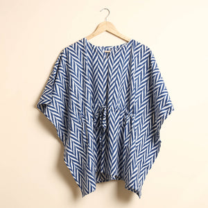 Blue - Hand Block Printed Cotton Kaftan & Pyjama Night Suit Set