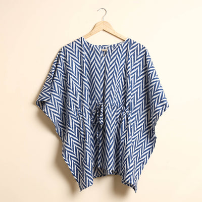 Blue - Hand Block Printed Cotton Kaftan & Pyjama Night Suit Set