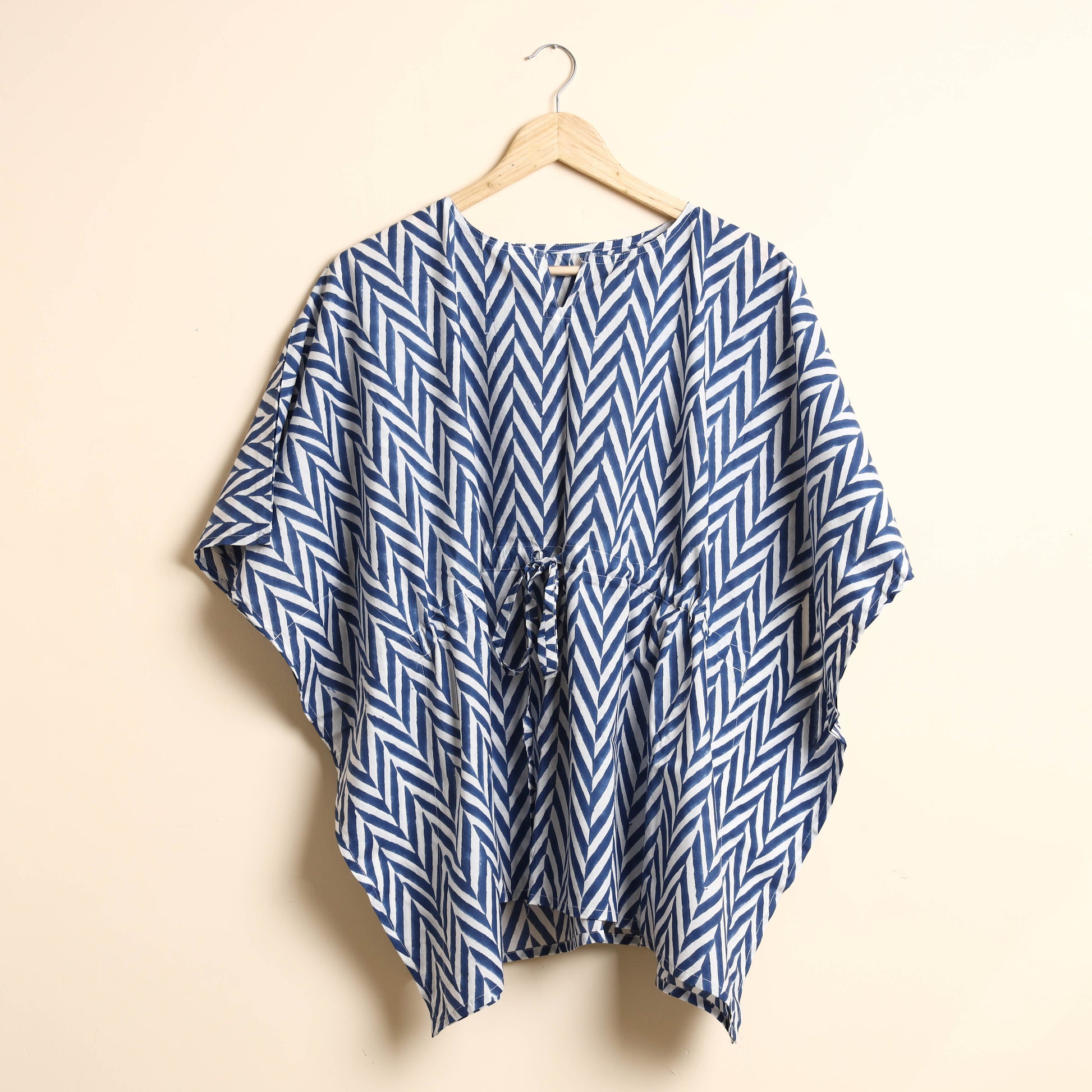 Blue - Hand Block Printed Cotton Kaftan & Pyjama Night Suit Set